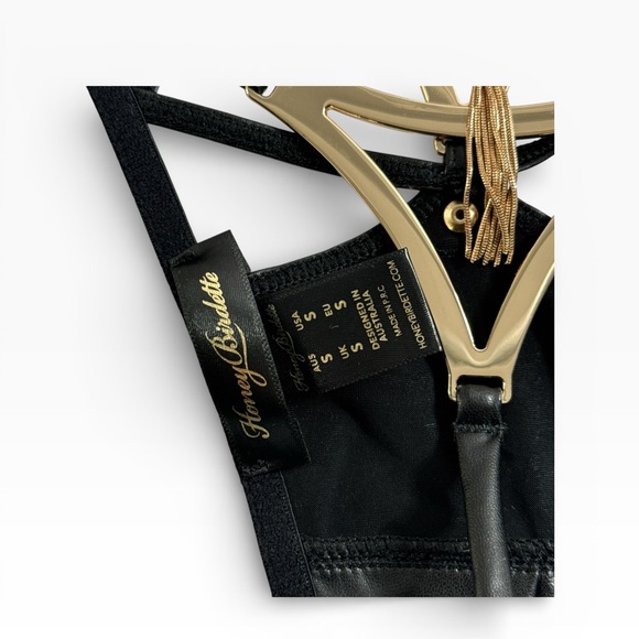 Honey Birdette KYLAH Black Faux Leather Bra Size 32DDD Thong Small Gold Set - Picture 8 of 10